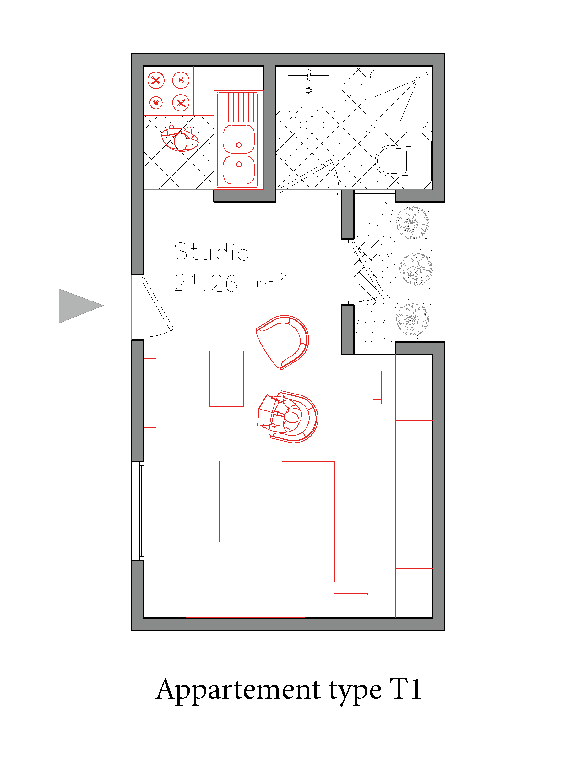 Plan de l'appartement type T1 — Habiter autrement à Ouakam